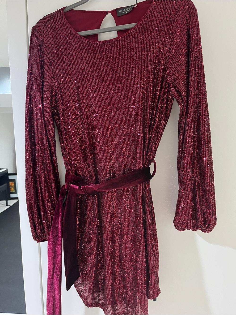 Dress Forum Burgundy Sequin Long-Sleeve Velvet Sash Party Dress